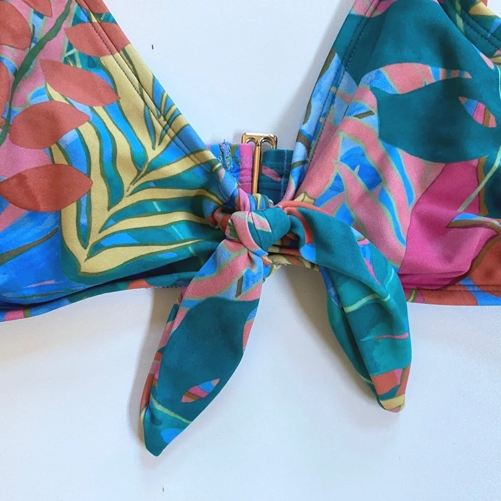 Kona Sol Womens Tropical Leaf Bikini Set Blue Pink Tie Front Top L‎ Bottom M